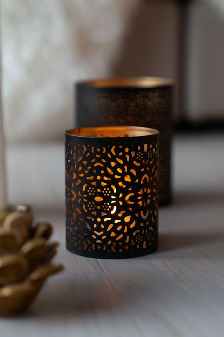 Hovedbilde Lysholder - svart/kobber - 10cm Blomst