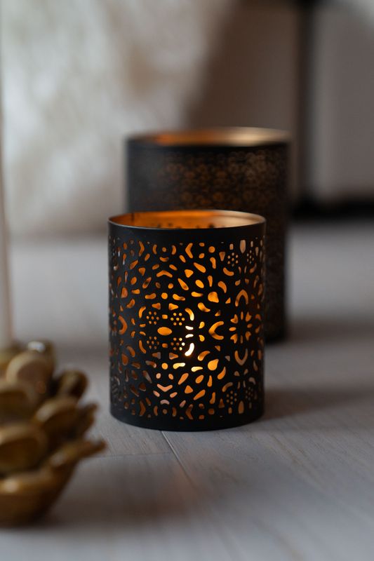 Lysholder - svart/kobber - 10cm Blomst