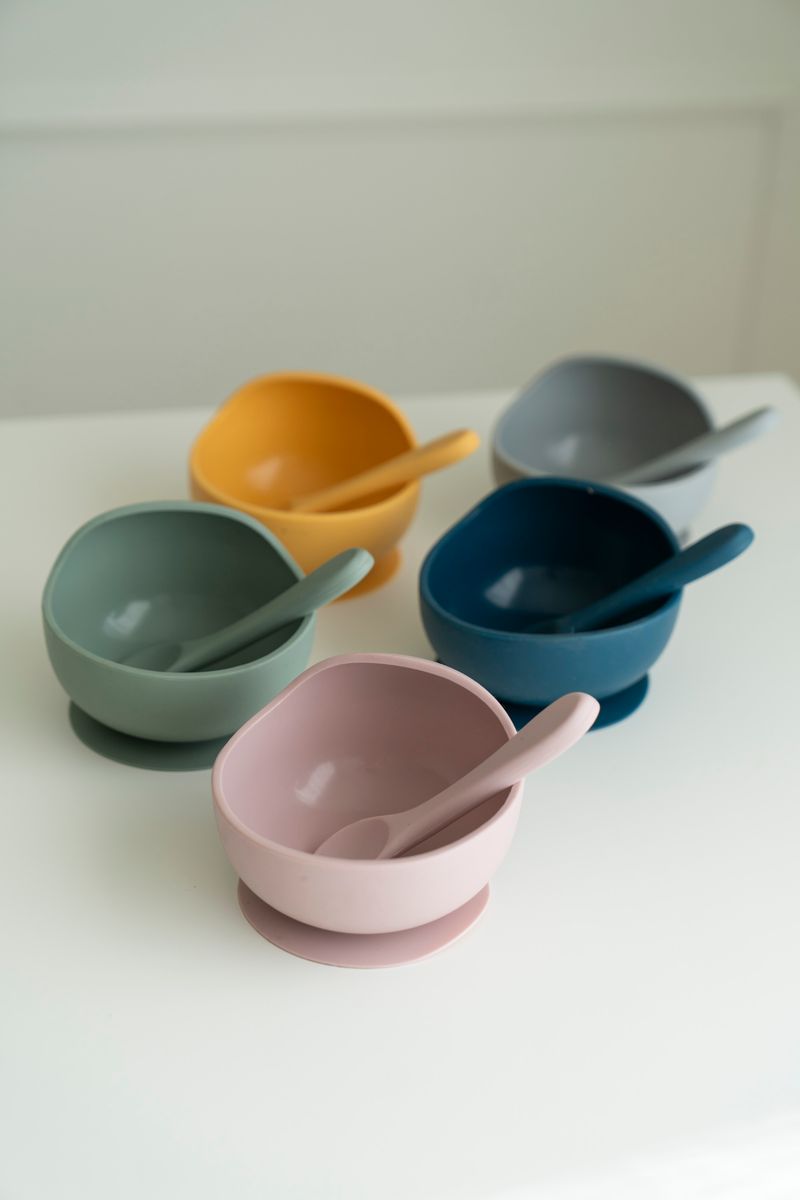 Silikonskål m/skje og sugekopp - Gul